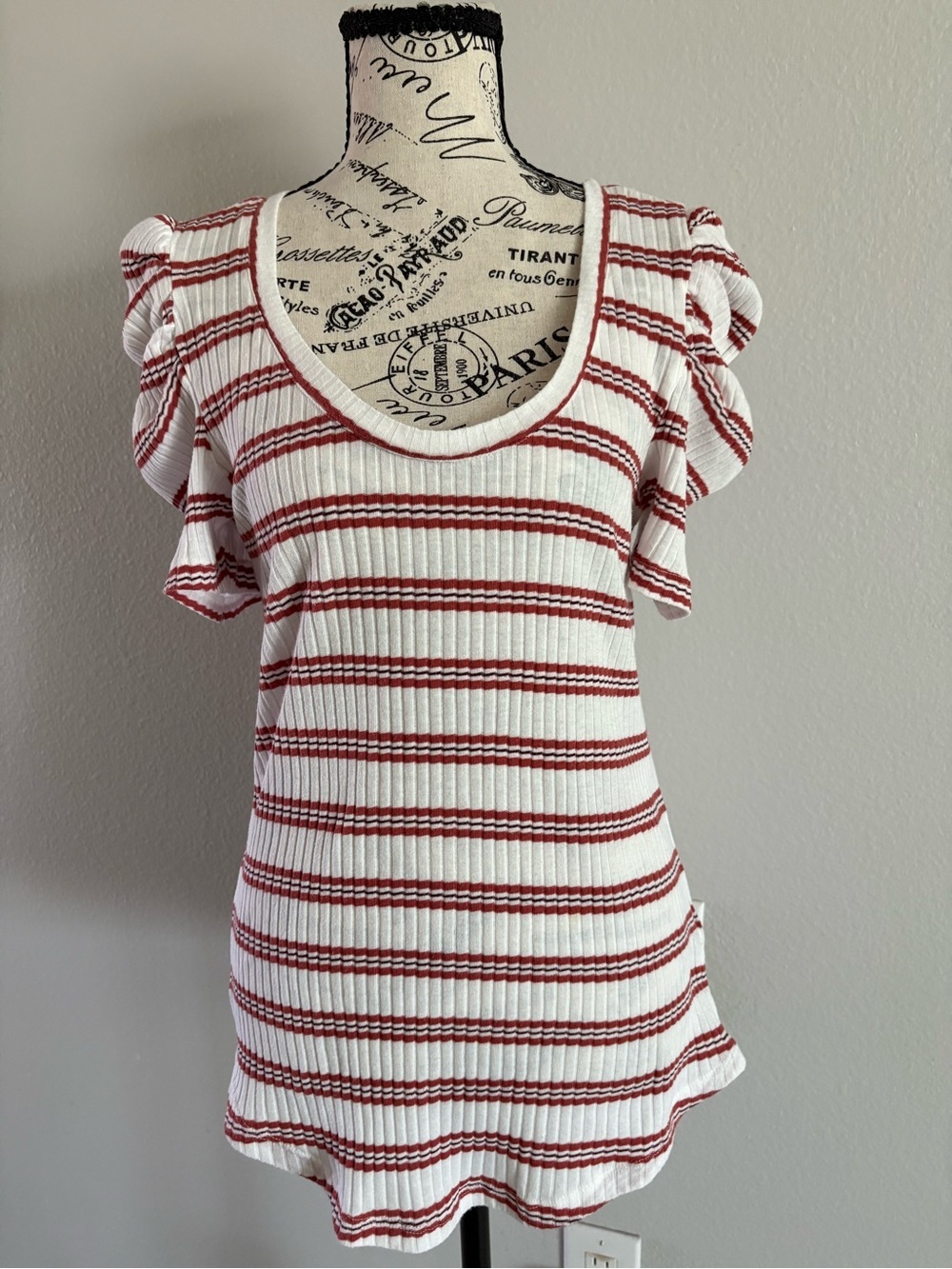 hinge White Tee with Red Stripes and Scoop Neck